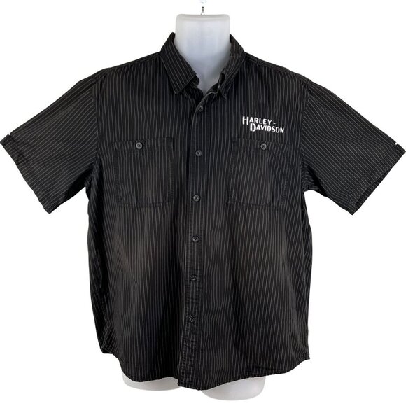 Harley-Davidson Mens L Black Striped Short Sleeve Button-Up Mechanic Shirt Biker - Picture 2 of 16